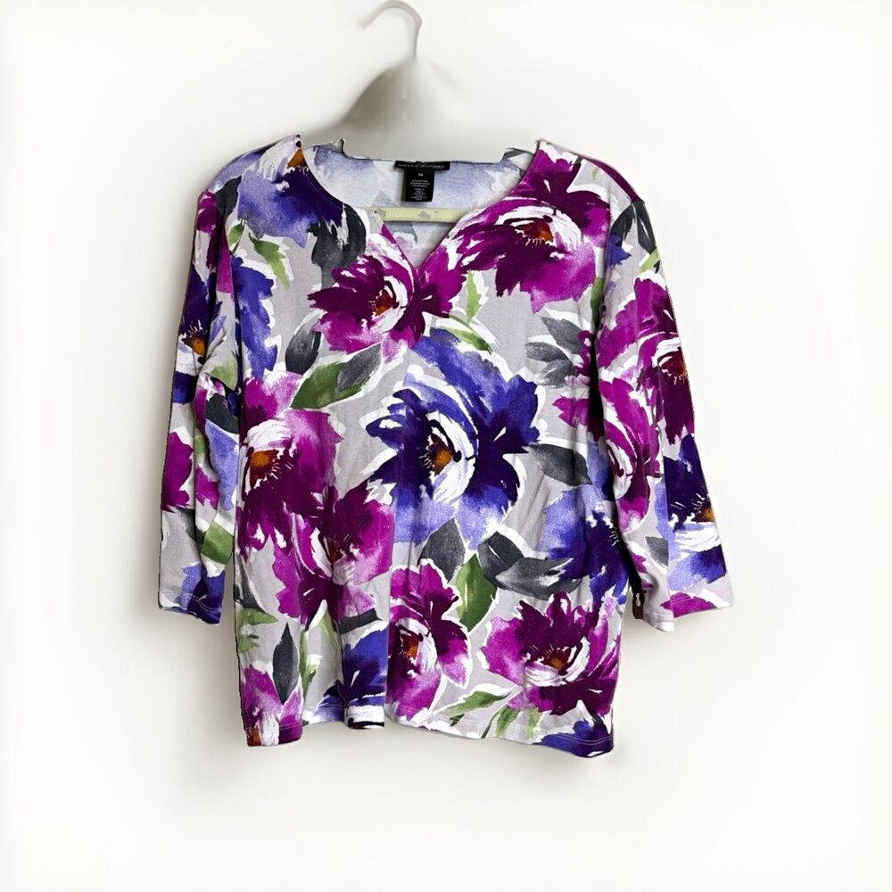 Alfred Dunner Studio Womens Petite PM Purple Floral Pullover Top 3/4 Sleeve